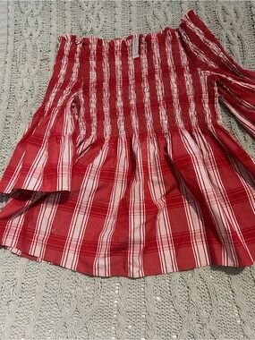 Zara Red and White Smocked Plaid Off-Shoulder Top